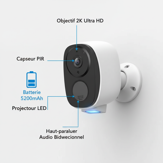 Schéma technique caméra surveillance - Projecteur LED objectif 2K capteur audio batterie